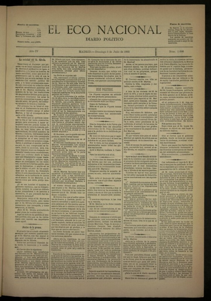 Miniatura de El Eco Nacional de 5 de julio de 1885, nº 1006