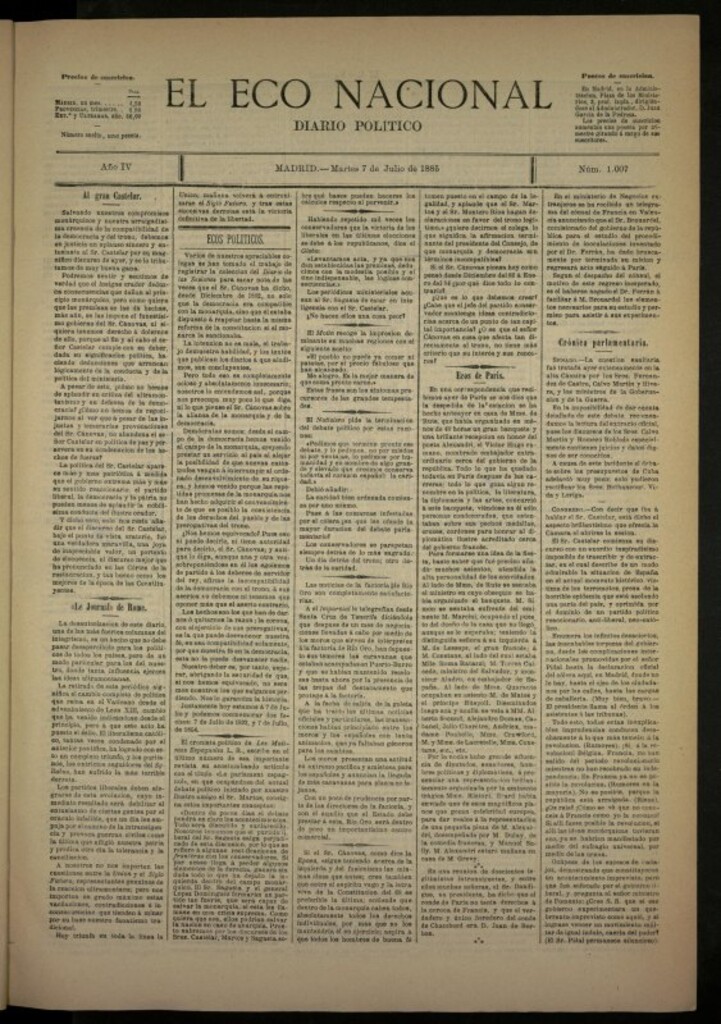 Miniatura de El Eco Nacional de 7 de julio de 1885, nº 1007