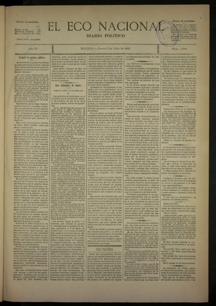 Miniatura de El Eco Nacional de 9 de julio de 1885, nº 1009