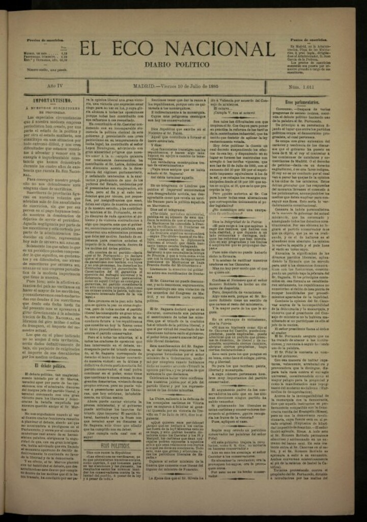 Miniatura de El Eco Nacional de 10 de julio de 1885, nº 1011