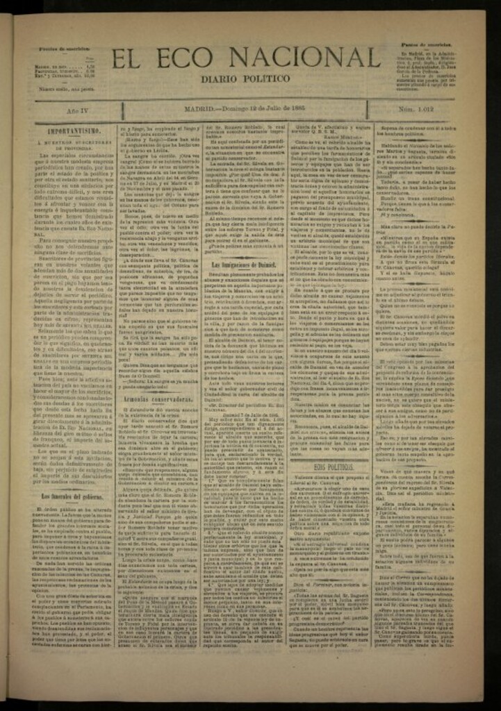 Miniatura de El Eco Nacional de 12 de julio de 1885, nº 1012