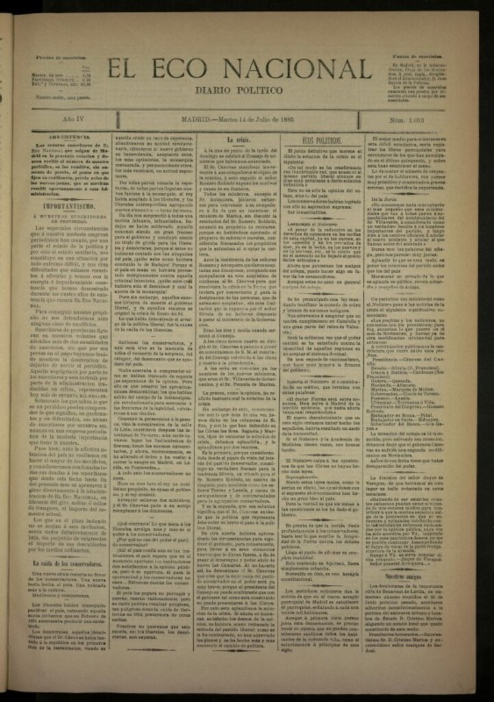 Miniatura de El Eco Nacional de 14 de julio de 1885, nº 1013