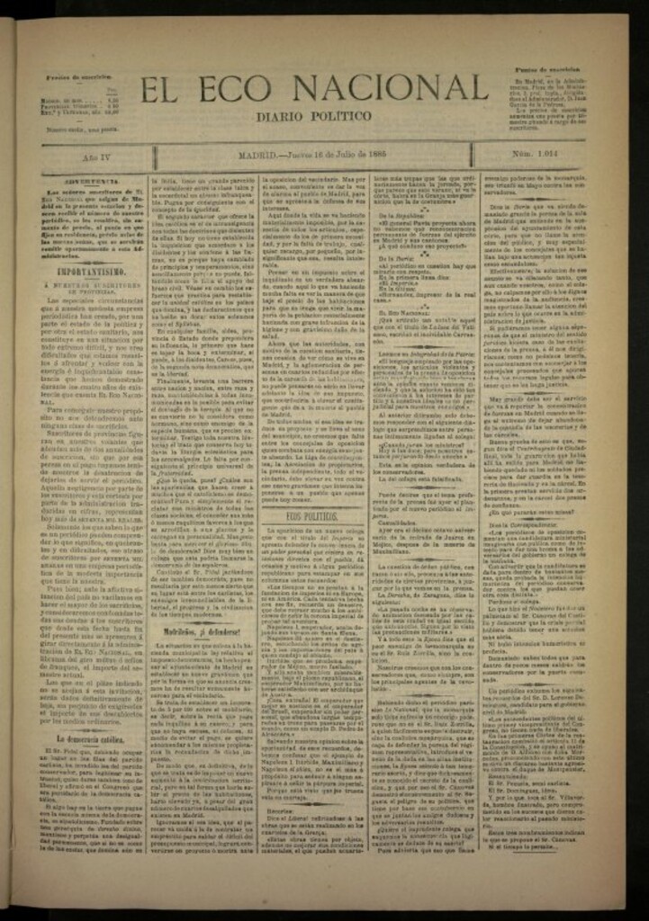 Miniatura de El Eco Nacional de 16 de julio de 1885, nº 1014