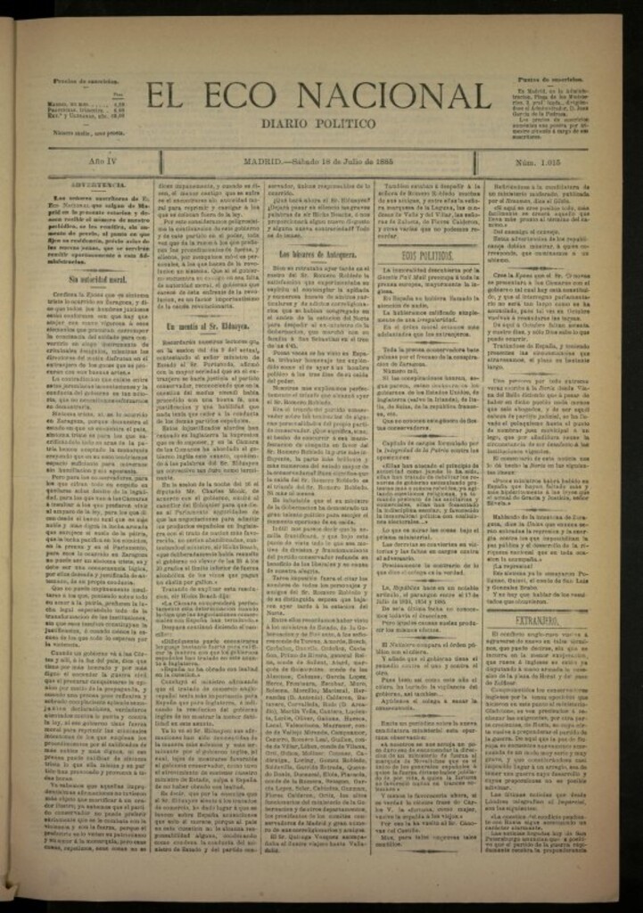Miniatura de El Eco Nacional de 18 de julio de 1885, nº 1015