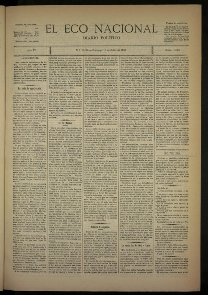 Miniatura de El Eco Nacional de 19 de julio de 1885, nº 1016