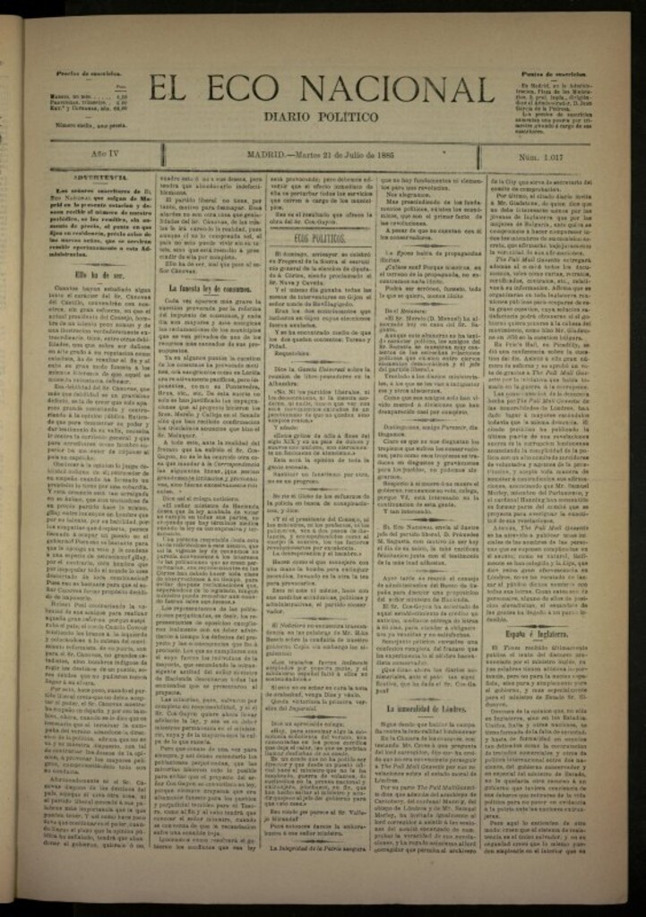 Miniatura de El Eco Nacional de 21 de julio de 1885, nº 1017