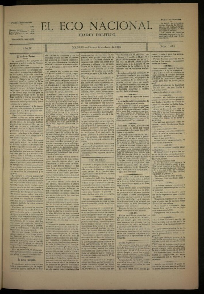 Miniatura de El Eco Nacional de 24 de julio de 1885, nº 1019