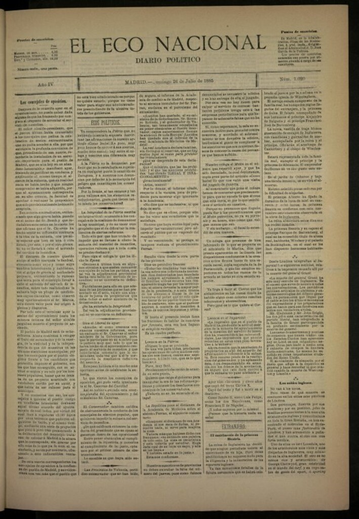 Miniatura de El Eco Nacional de 26 de julio de 1885, nº 1020