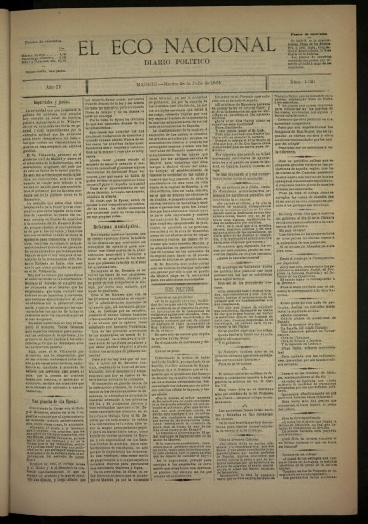 Miniatura de El Eco Nacional de de 28 de julio de 1885, nº 1021