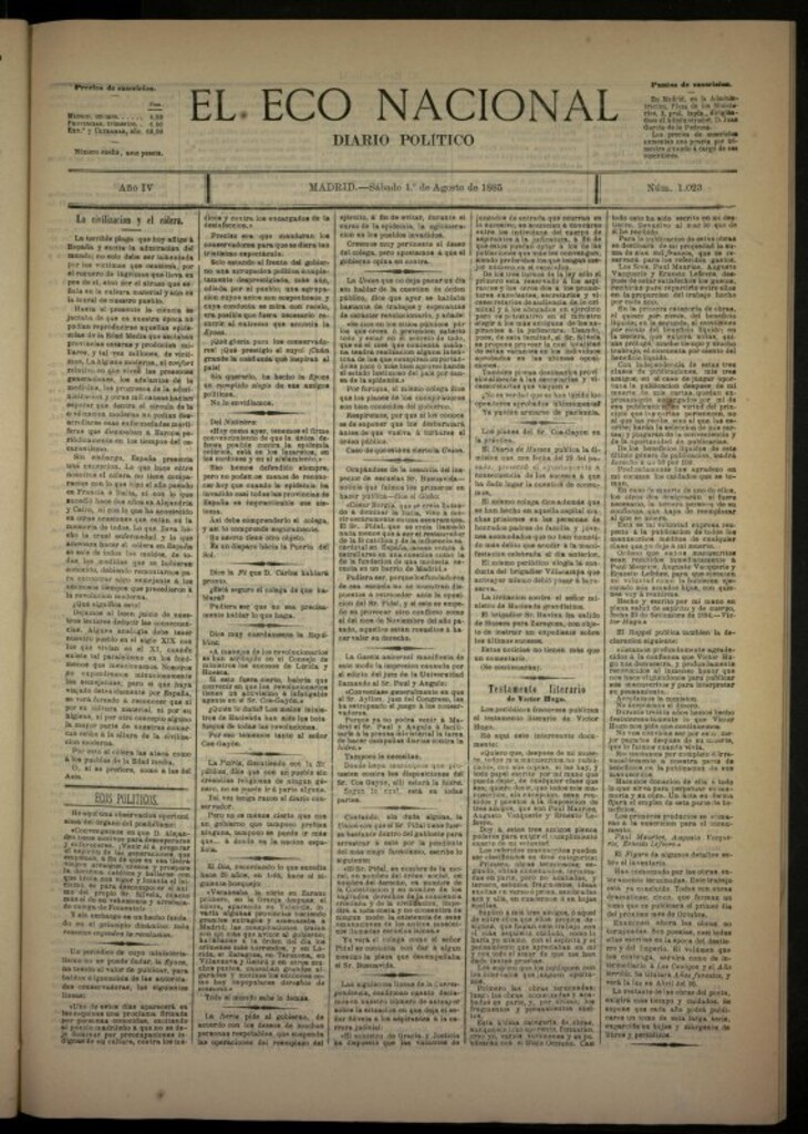 Miniatura de El Eco Nacional de 1 de agosto de 1885, nº 1023