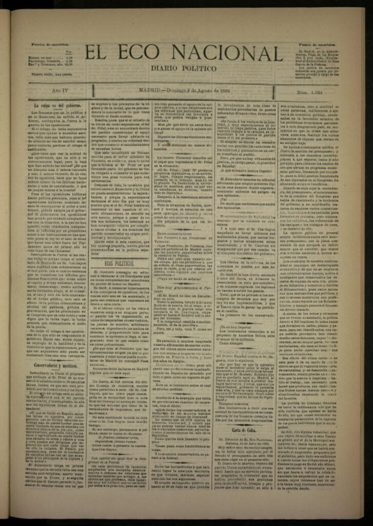 Miniatura de El Eco Nacional de 2 de agosto de 1885, nº 1024