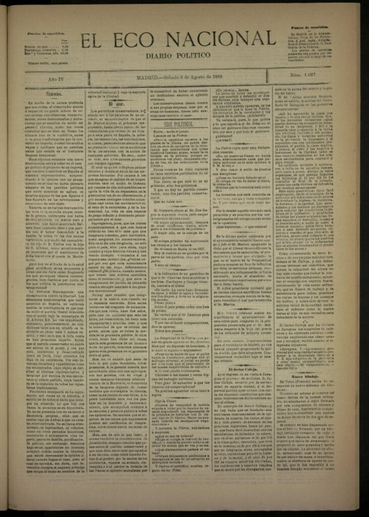 Miniatura de El Eco Nacional de 8 de agosto de 1885, nº 1017