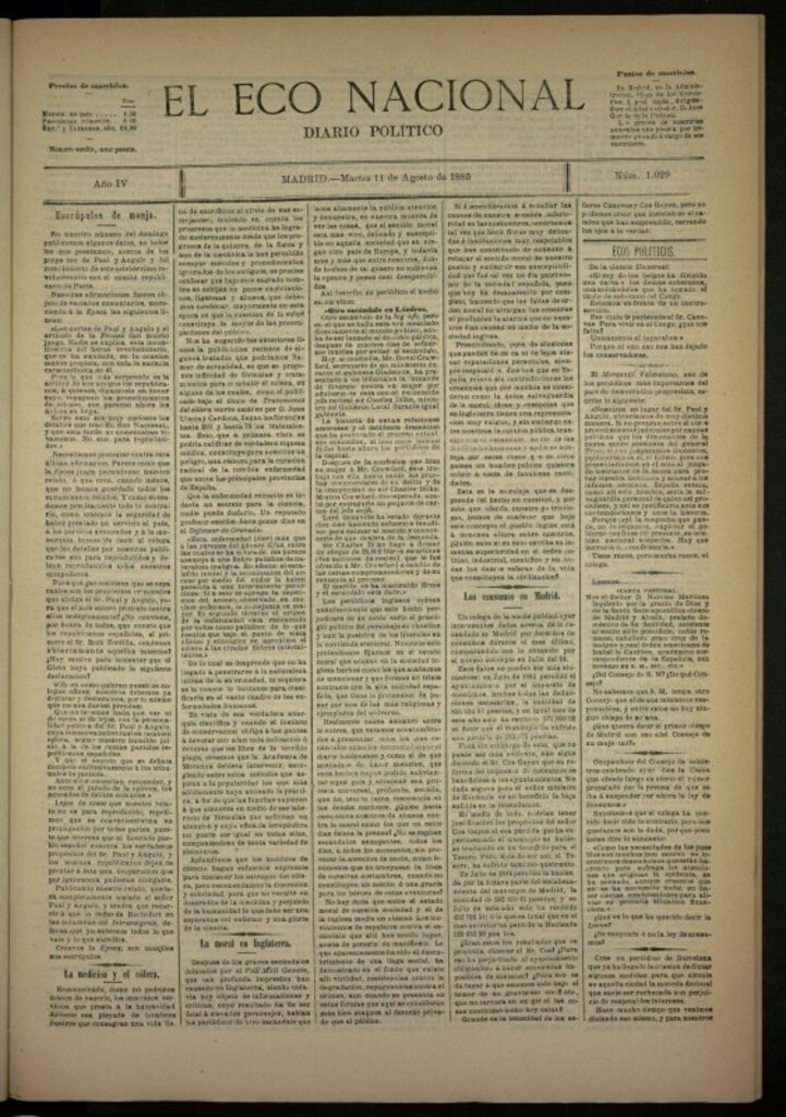 Miniatura de El Eco Nacional de 11 de agosto de 1885, nº 1029