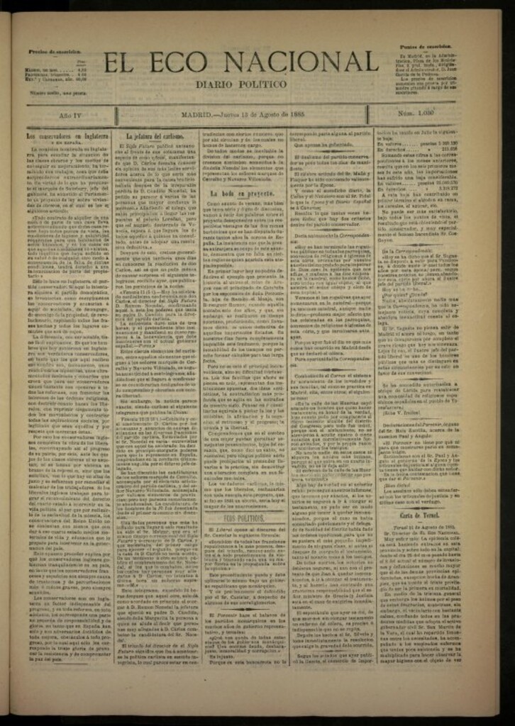 Miniatura de El Eco Nacional de 13 de agosto de 1885, nº 1030
