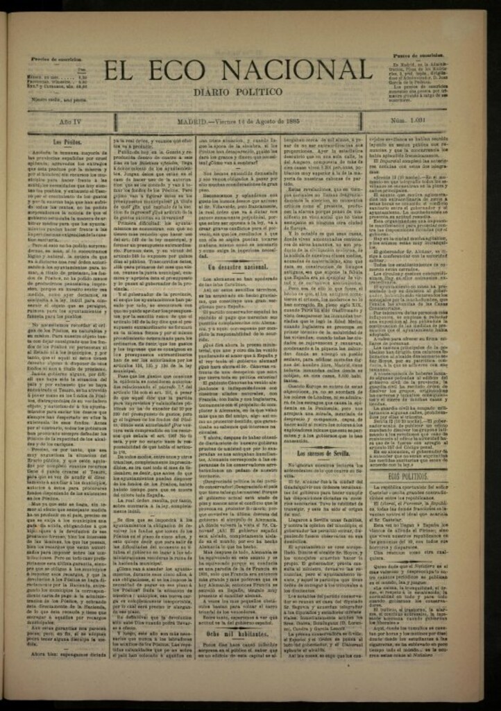 Miniatura de El Eco Nacional de 14 de agosto de 1885, nº 1031