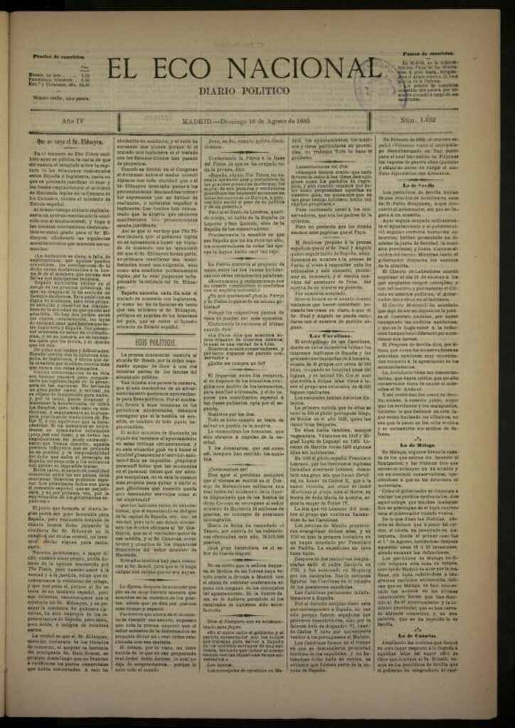 Miniatura de El Eco Nacional de 16 de agosto de 1885, nº 1032