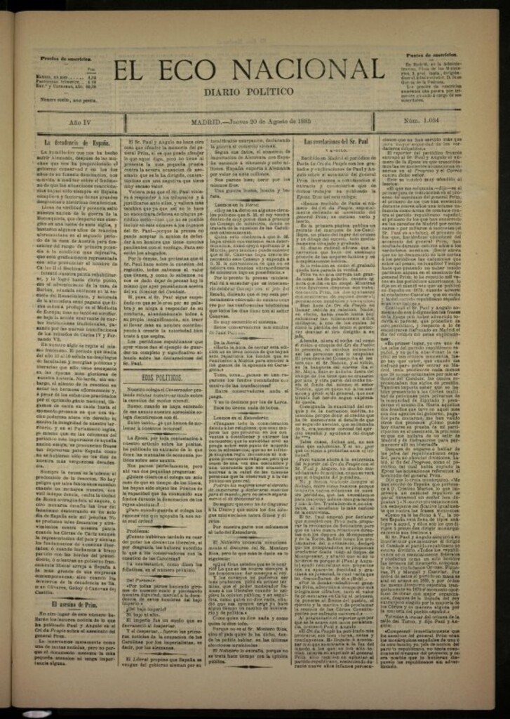 Miniatura de El Eco Nacional de 20 de agosto de 1885, nº 1034