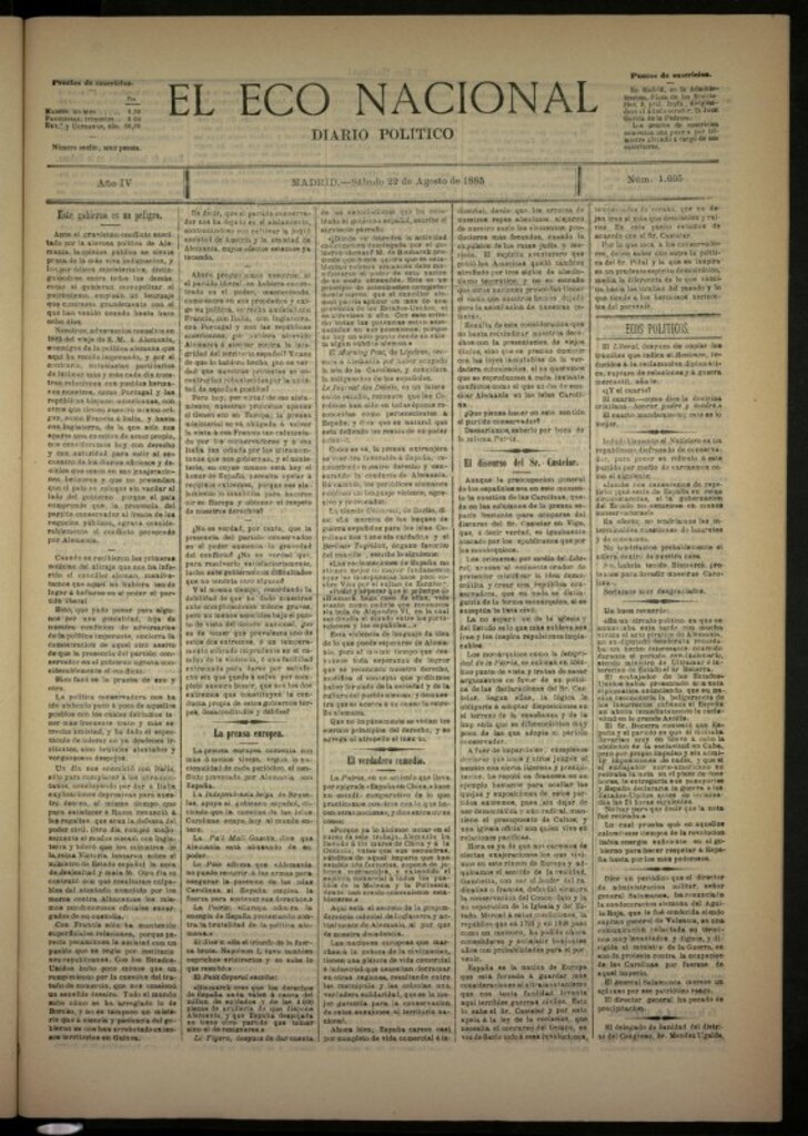 Miniatura de El Eco Nacional de 22 de agosto de 1885, nº 1035