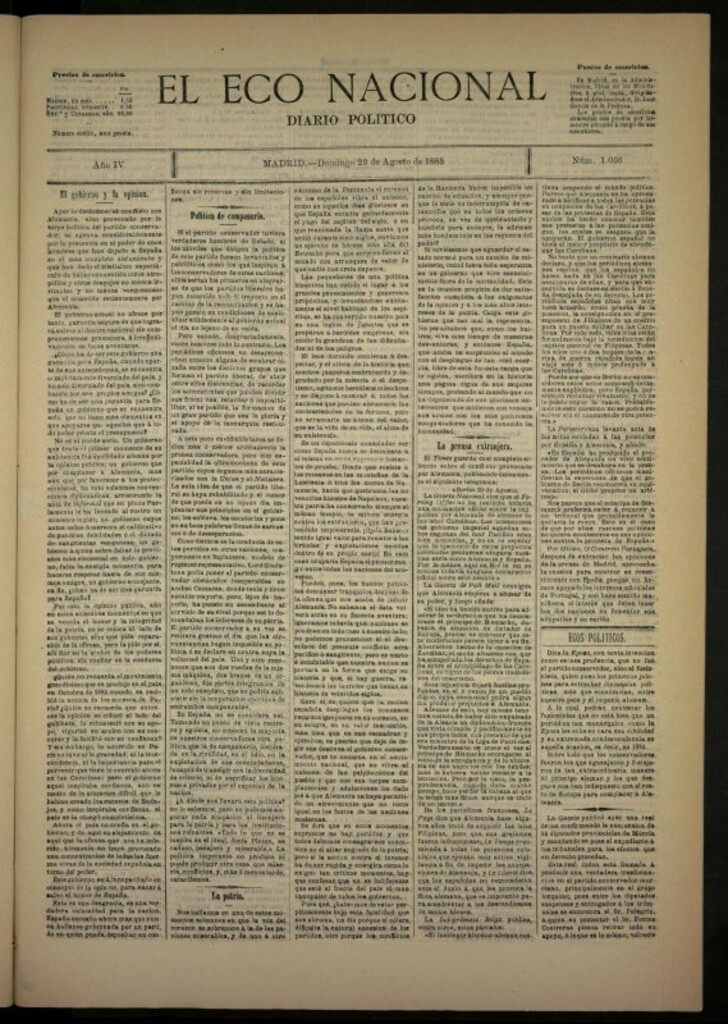 Miniatura de El Eco Nacional de 23 de agosto de 1885, nº 1036