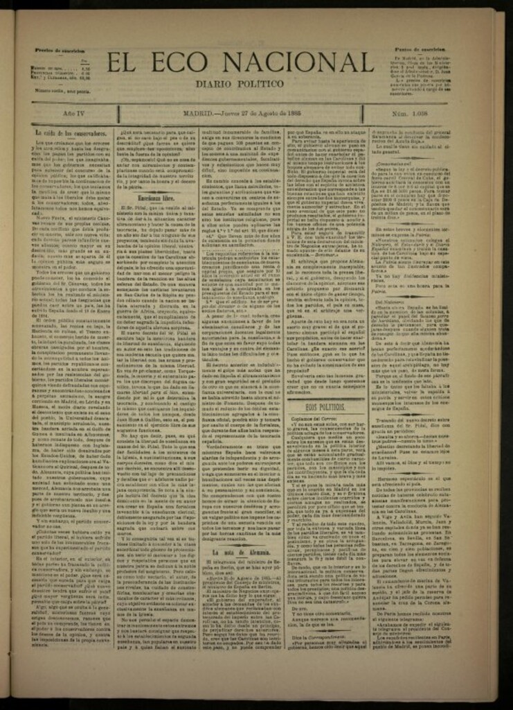 Miniatura de El Eco Nacional de 27 de agosto de 1885, nº 1038