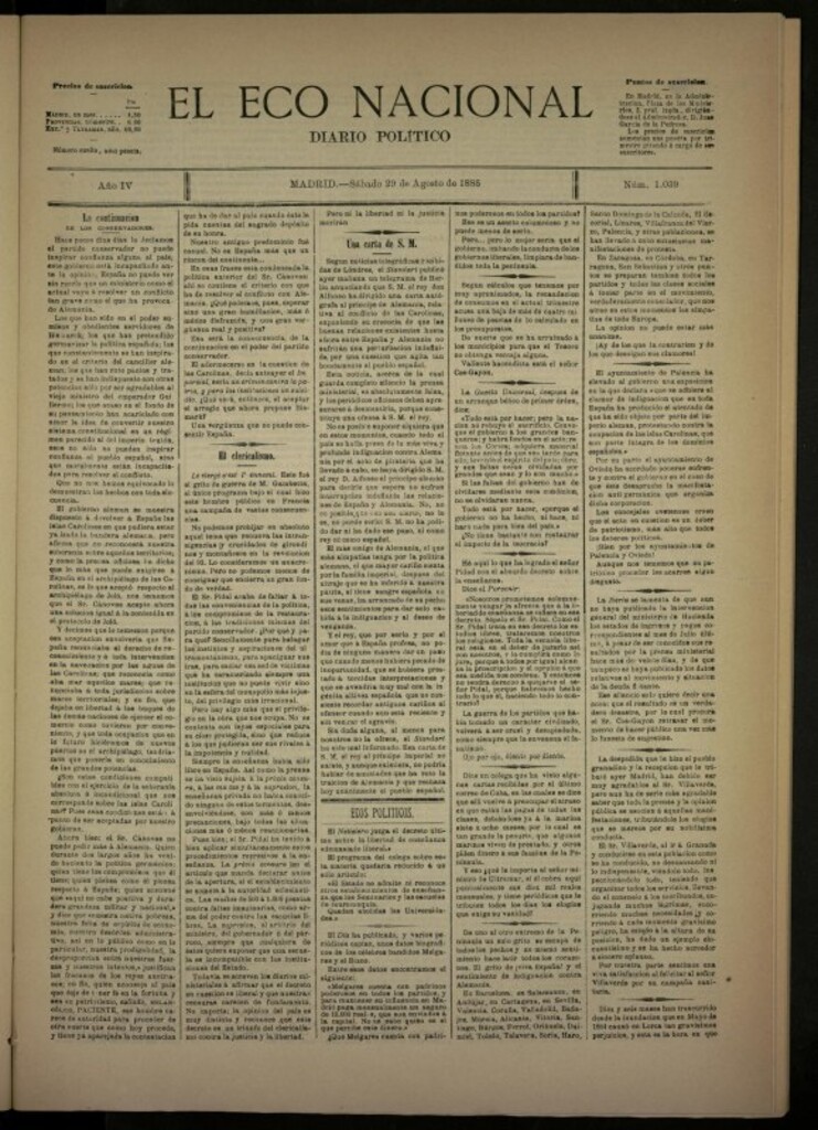 Miniatura de El Eco Nacional de 29 de agosto de 1885, nº 1039