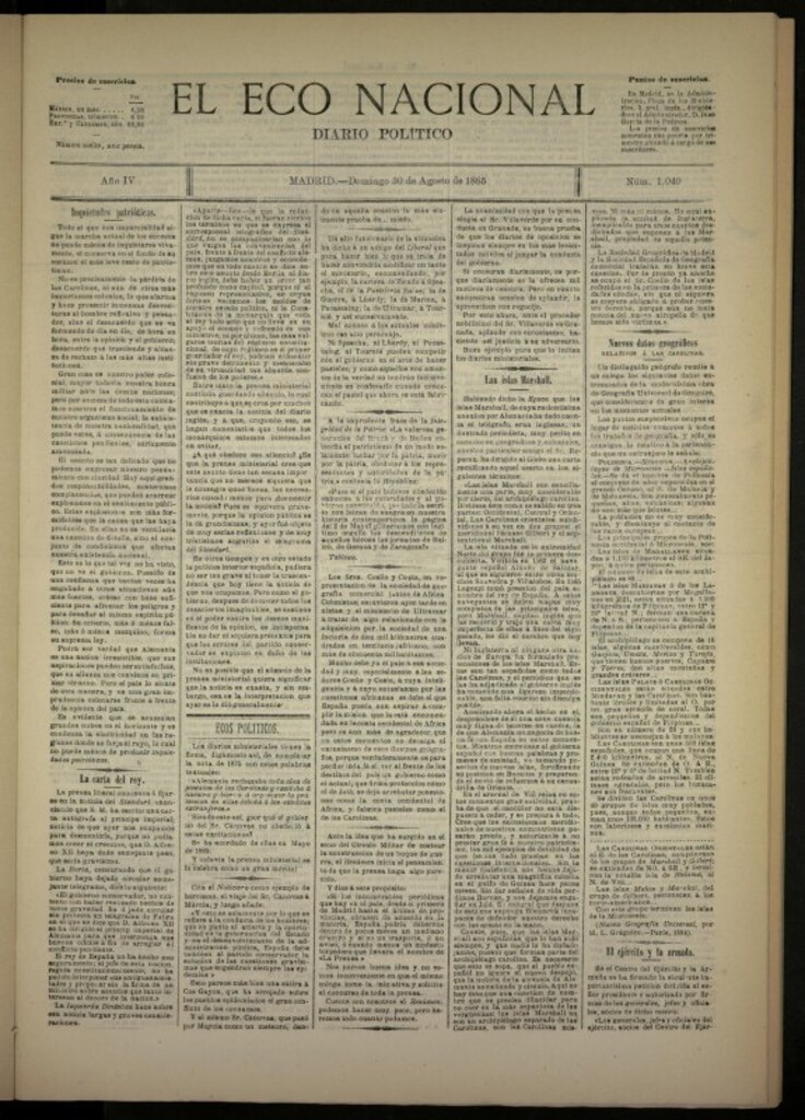 Miniatura de El Eco Nacional de 30 de agosto de 1885, nº 1040