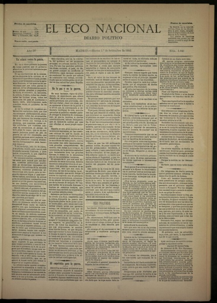 Miniatura de El Eco Nacional de 1 de septiembre de 1885, nº 1041