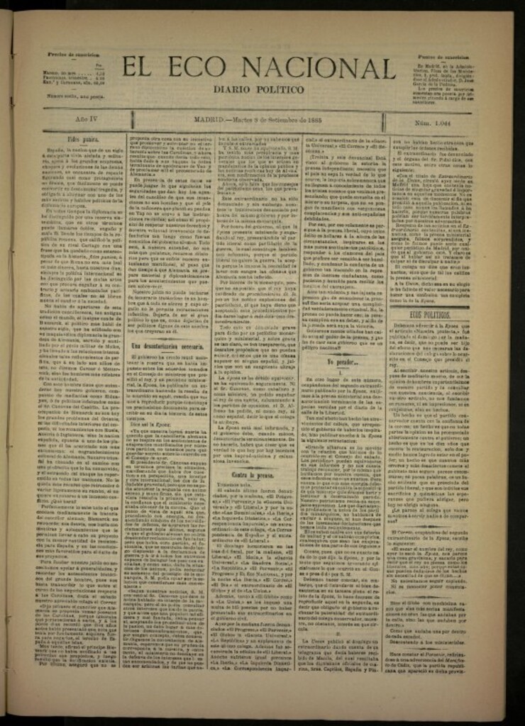 Miniatura de El Eco Nacional de 8 de septiembre de 1885, nº 1044