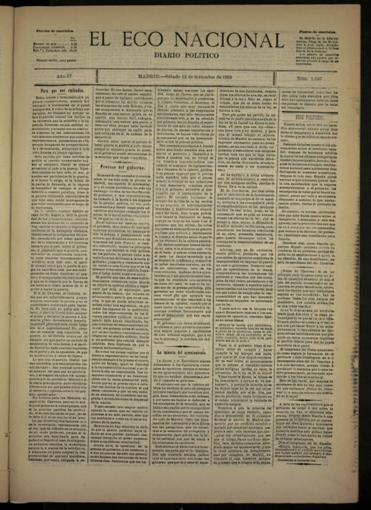 Miniatura de El Eco Nacional de 12 de septiembre de 1885, nº 1047