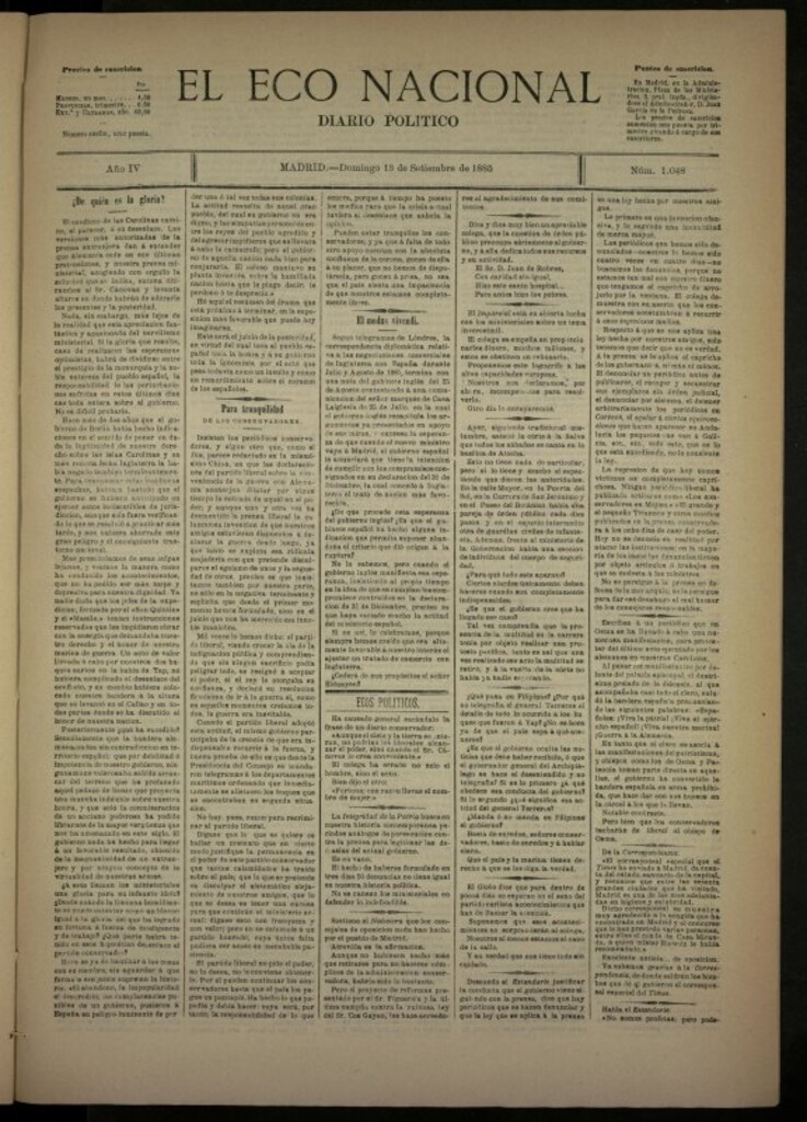 Miniatura de El Eco Nacional de 13 de septiembre de 1885, nº 1048