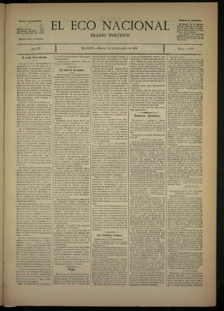Miniatura de El Eco Nacional de 15 de septiembre de 1885, nº 1049