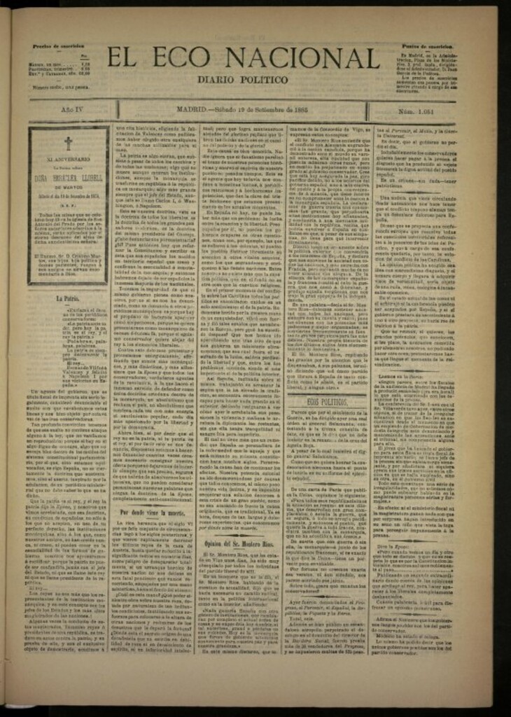 Miniatura de El Eco Nacional de 19 de septiembre de 1885, nº 1051