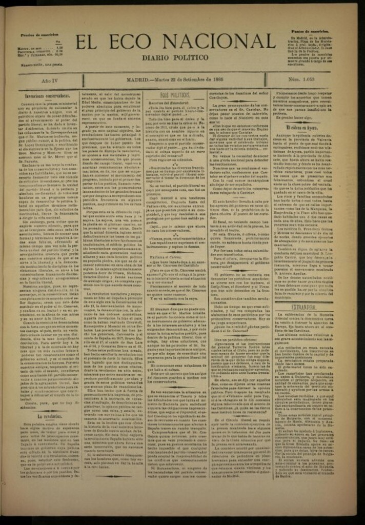 Miniatura de El Eco Nacional de 22 de septiembre de 1885, nº 1053
