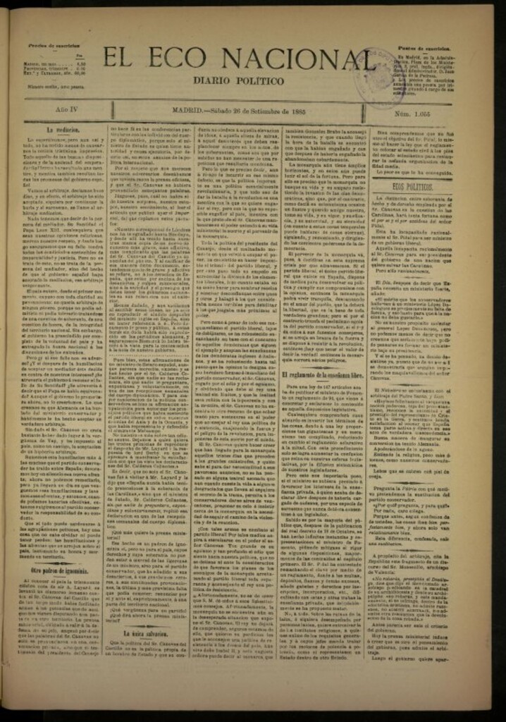 Miniatura de El Eco Nacional de 26 de septiembre de 1885, nº 1055