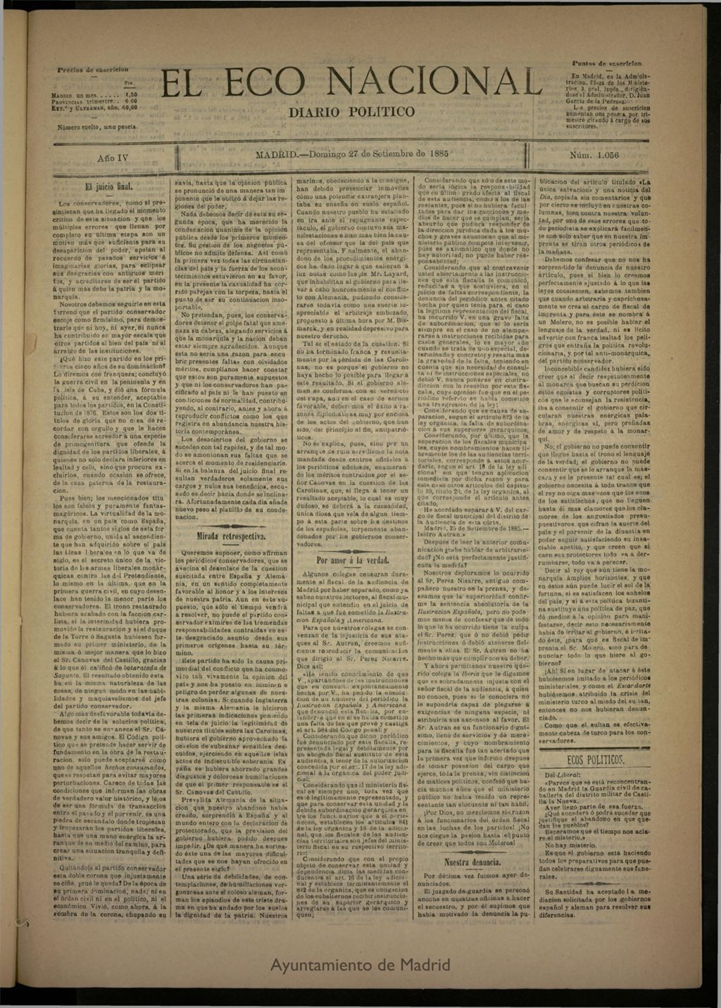 Miniatura de El Eco Nacional de 27 de septiembre de 1885, nº 1056