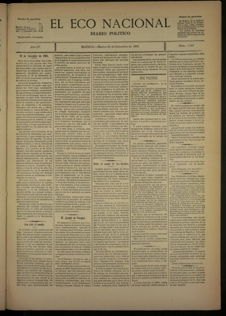 Miniatura de El Eco Nacional de 29 de septiembre de 1885, nº 1057