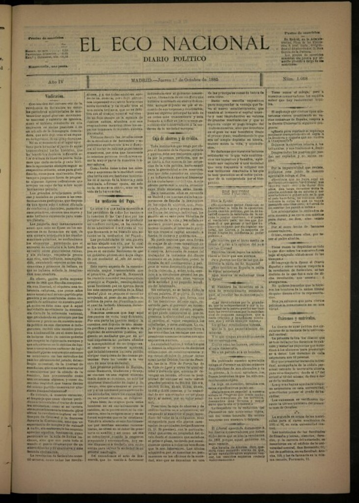 Miniatura de El Eco Nacional de 1 de octubre de 1885, nº 1058