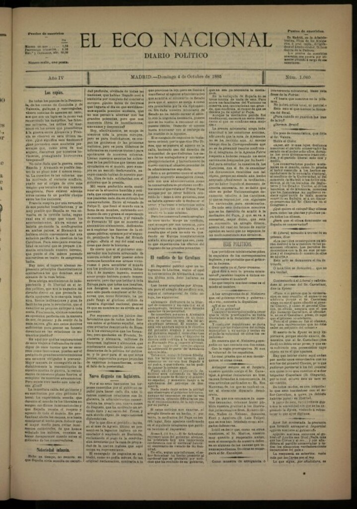 Miniatura de El Eco Nacional de 4 de octubre de 1885, nº 1060
