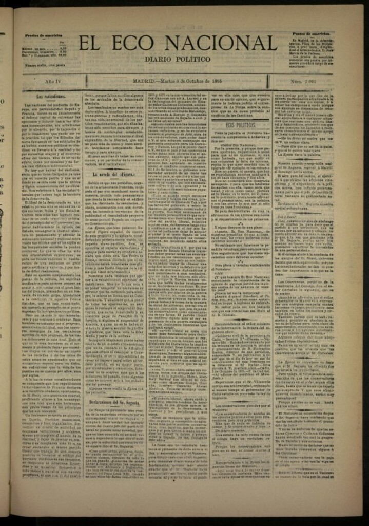 Miniatura de El Eco Nacional de 6 de octubre de 1885, nº 1061