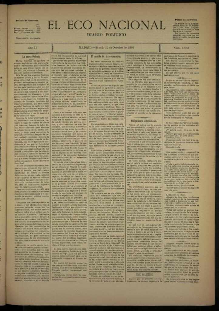 Miniatura de El Eco Nacional de 10 de octubre de 1885, nº 1063
