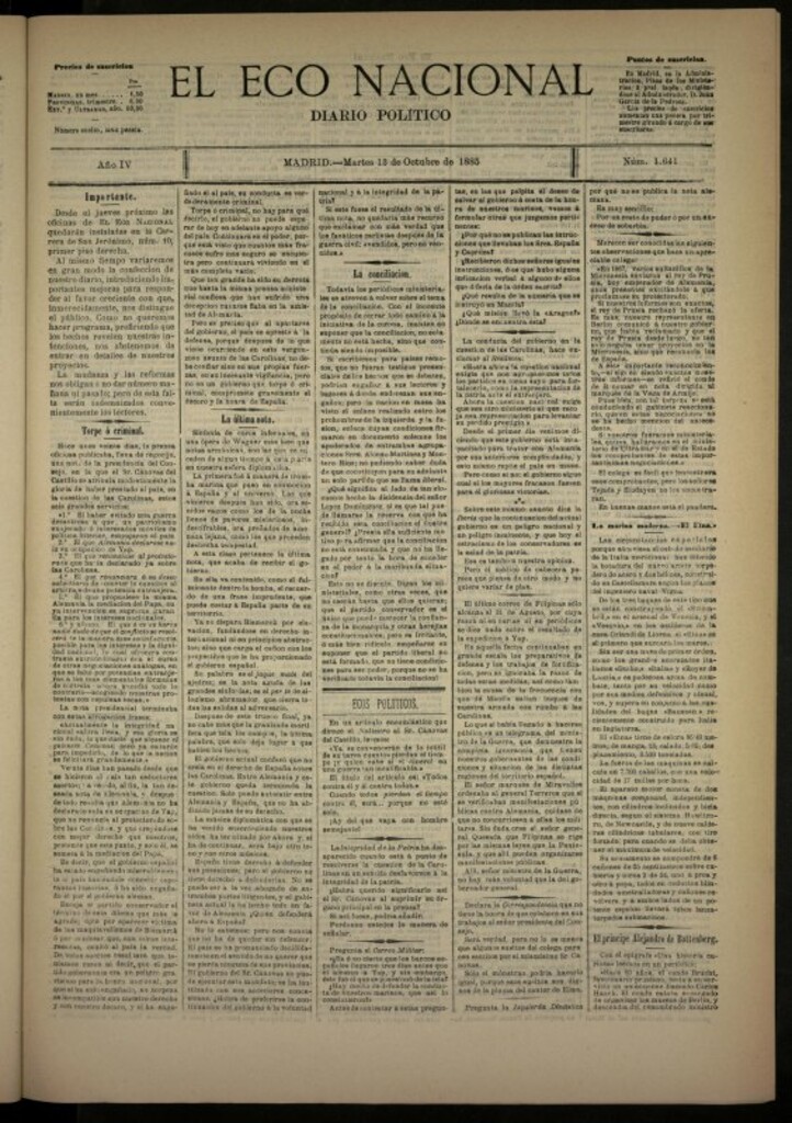 Miniatura de El Eco Nacional de 13 de octubre de 1885, nº 1641 [sic]
