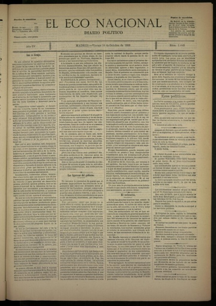 Miniatura de El Eco Nacional de 16 de octubre de 1885, nº 1642