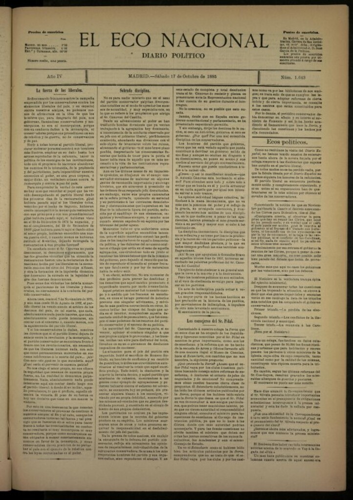 Miniatura de El Eco Nacional de 17 de octubre de 1885, nº 1643