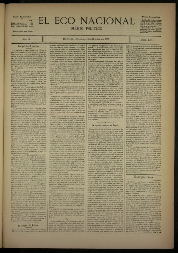 Miniatura de El Eco Nacional de 18 de octubre de 1885, nº 1644