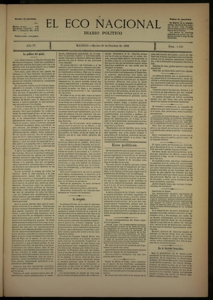 Miniatura de El Eco Nacional de 20 de octubre de 1885, nº 1645