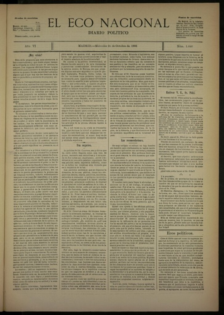 Miniatura de El Eco Nacional de 21 de octubre de 1885, nº 1646