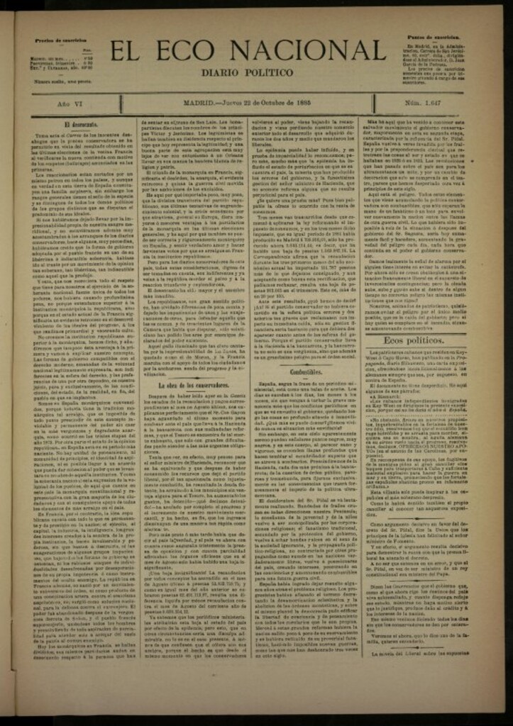 Miniatura de El Eco Nacional de 22 de octubre de 1885, nº 1647