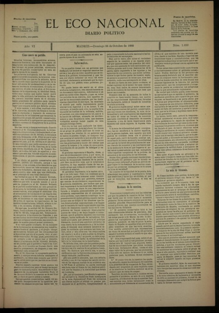 Miniatura de El Eco Nacional de 25 de octubre de 1885, nº 1650