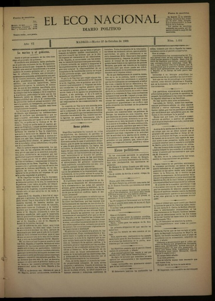 Miniatura de El Eco Nacional de 27 de octubre de 1885, nº 1651