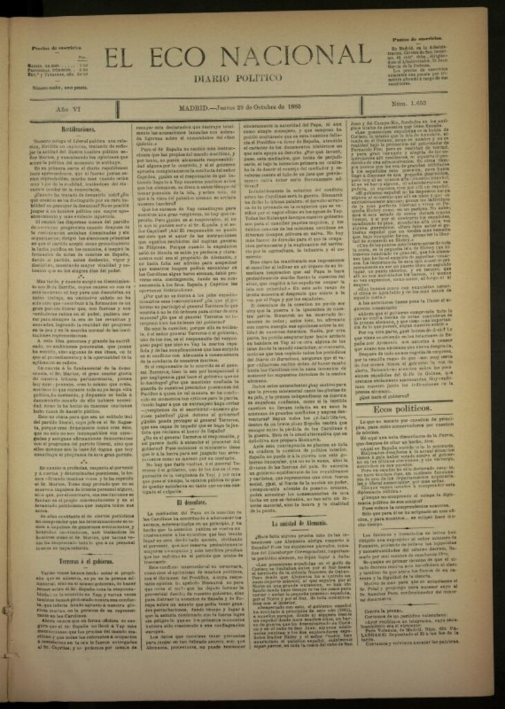 Miniatura de El Eco Nacional del 29 de octubre de 1885, nº 1653